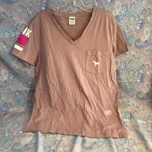 Pink Dusty Rose Women's Size Medium V-Neck Shirt With Pocket, And Pink Decal
